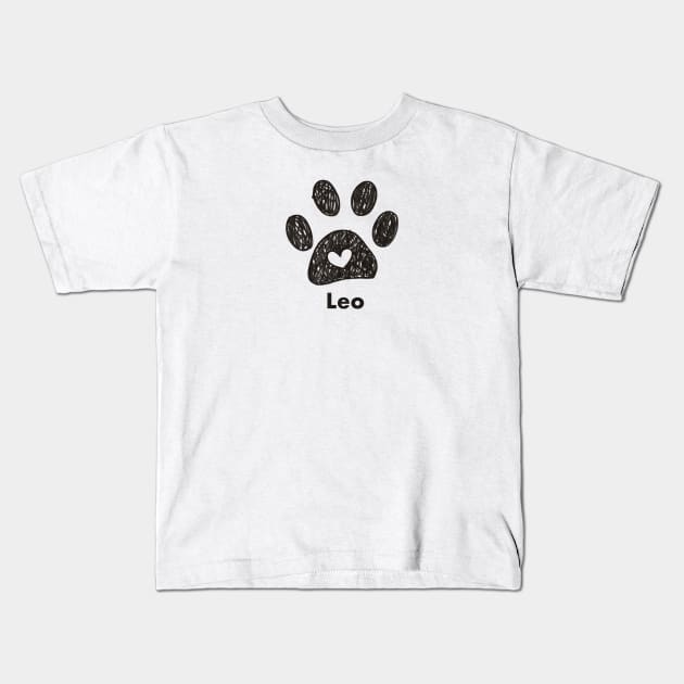 Leo name made of hand drawn paw prints Kids T-Shirt by GULSENGUNEL